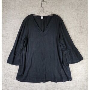 Old Navy Pullover V-Neck Tunic Womens L Black Oversized Ruffle Sleeve Boho EUC